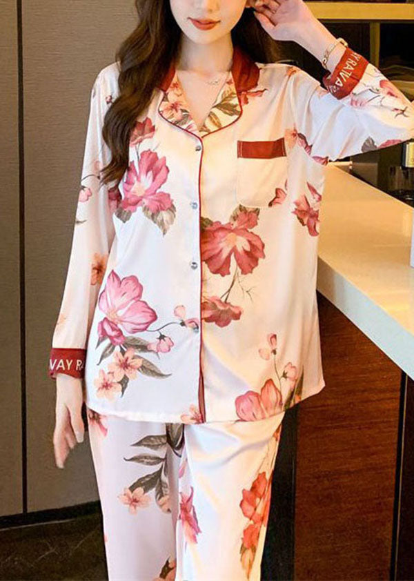 Modern Beige Peter Pan Collar Print Ice Silk Pajamas Two Piece Suit Spring