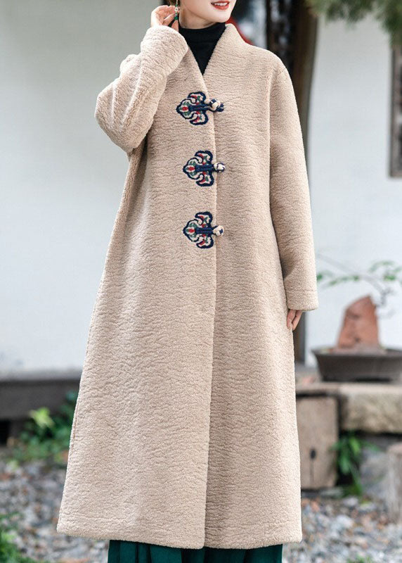 Modern Beige V Neck Embroideried Thick Teddy Faux Fur Lengthen Coats Winter
