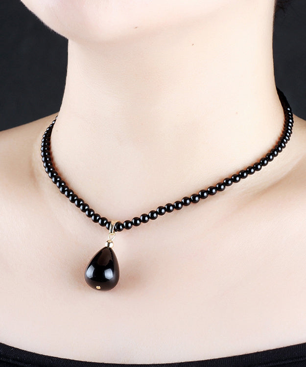 Modern Black Agate Water Drop Pendant Necklace