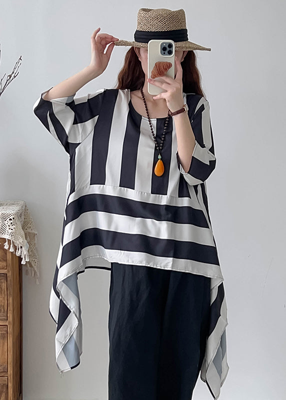 Modern Black Asymmetrical Oversized Striped Tops Summer