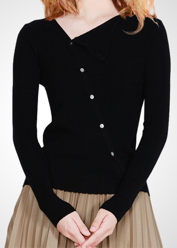 Modern Black Asymmetrical Slim Fit Wool Knit Top Winter