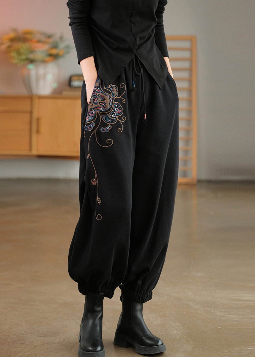 Modern Black Elastic Waist Embroideried Cotton Harem Pants Spring