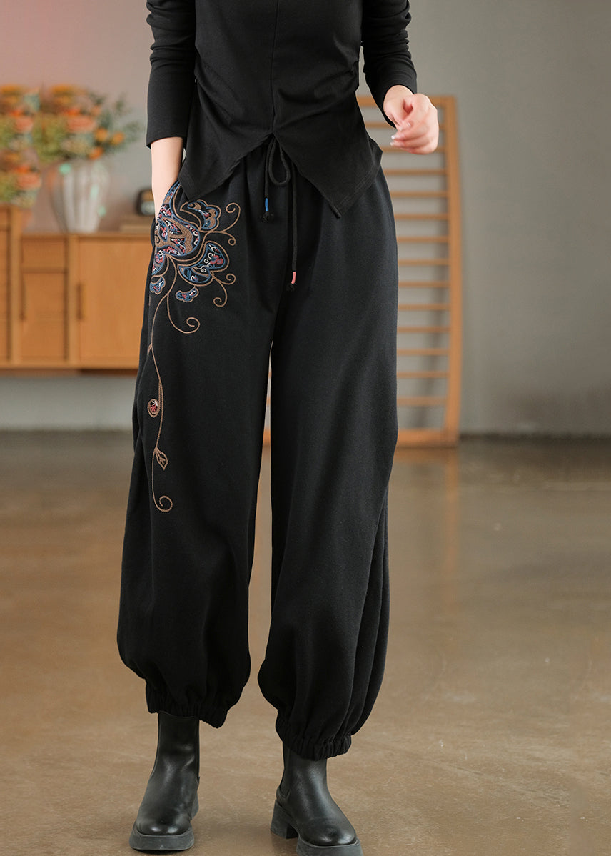 Modern Black Elastic Waist Embroideried Cotton Harem Pants Spring