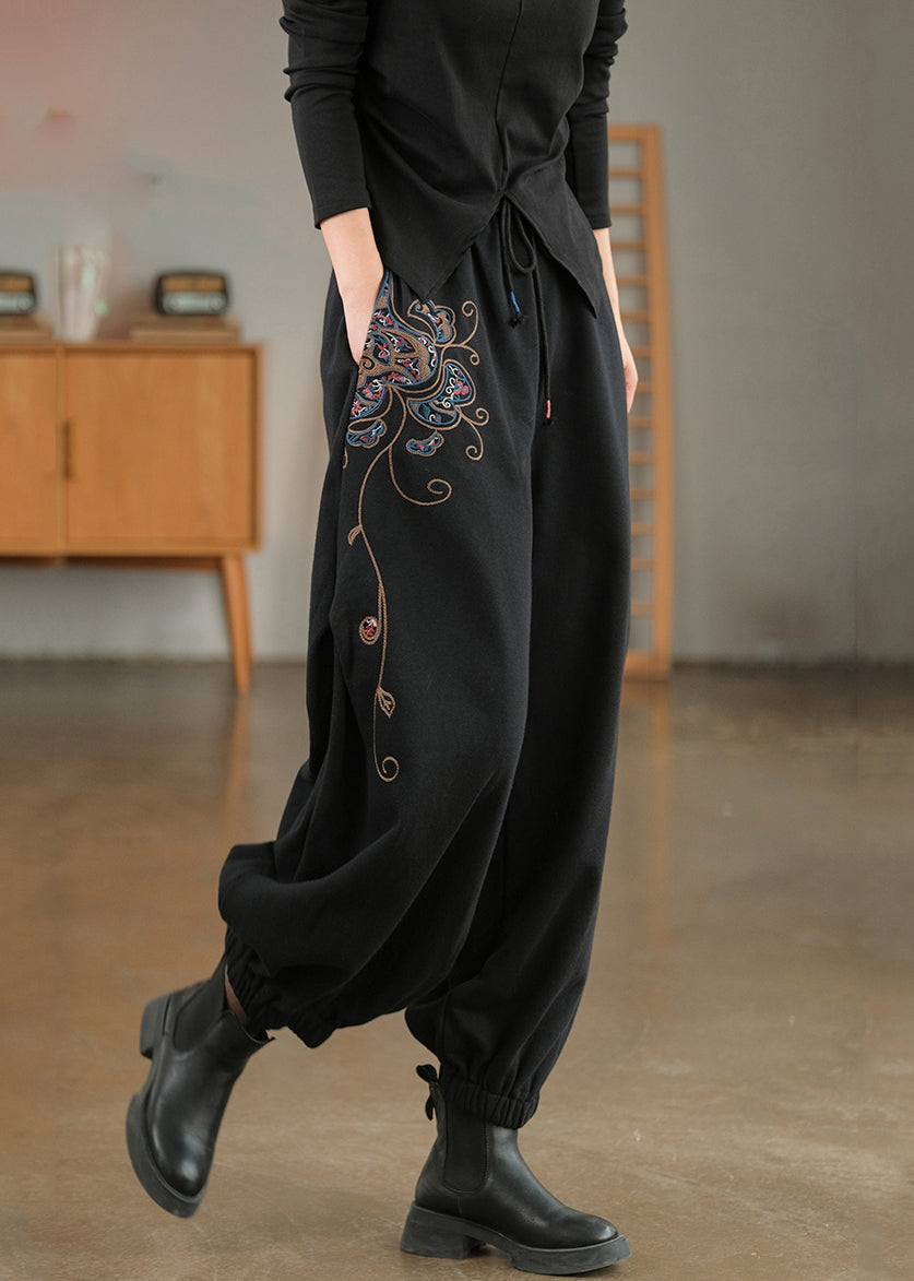 Modern Black Elastic Waist Embroideried Cotton Harem Pants Spring