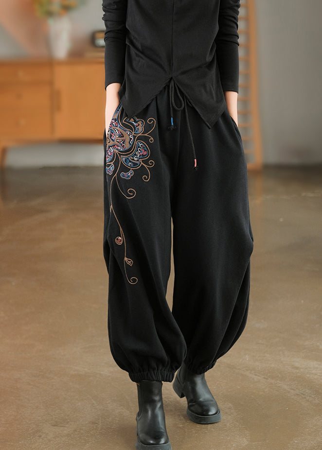 Modern Black Elastic Waist Embroideried Cotton Harem Pants Spring