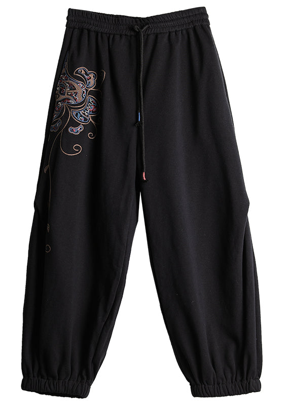 Modern Black Elastic Waist Embroideried Cotton Harem Pants Spring