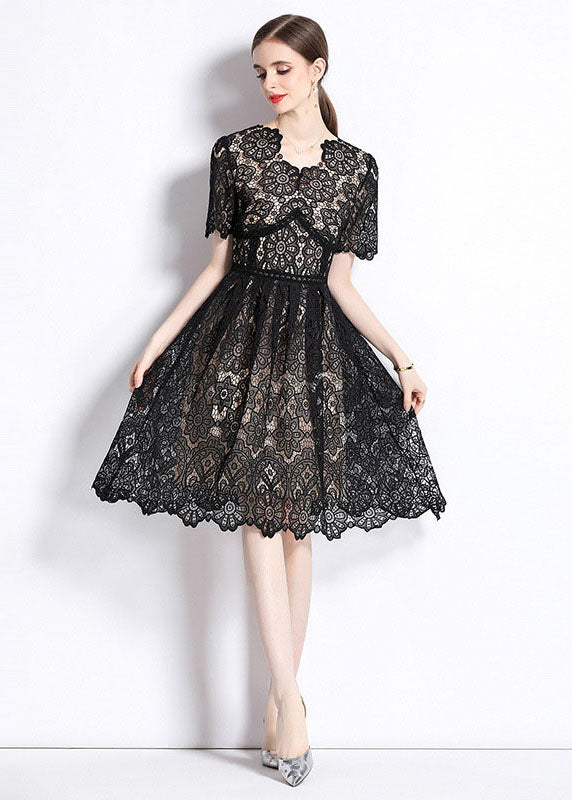 Modern Black Hollow Out Wrinkled Patchwork Lace Mid Dress Summer