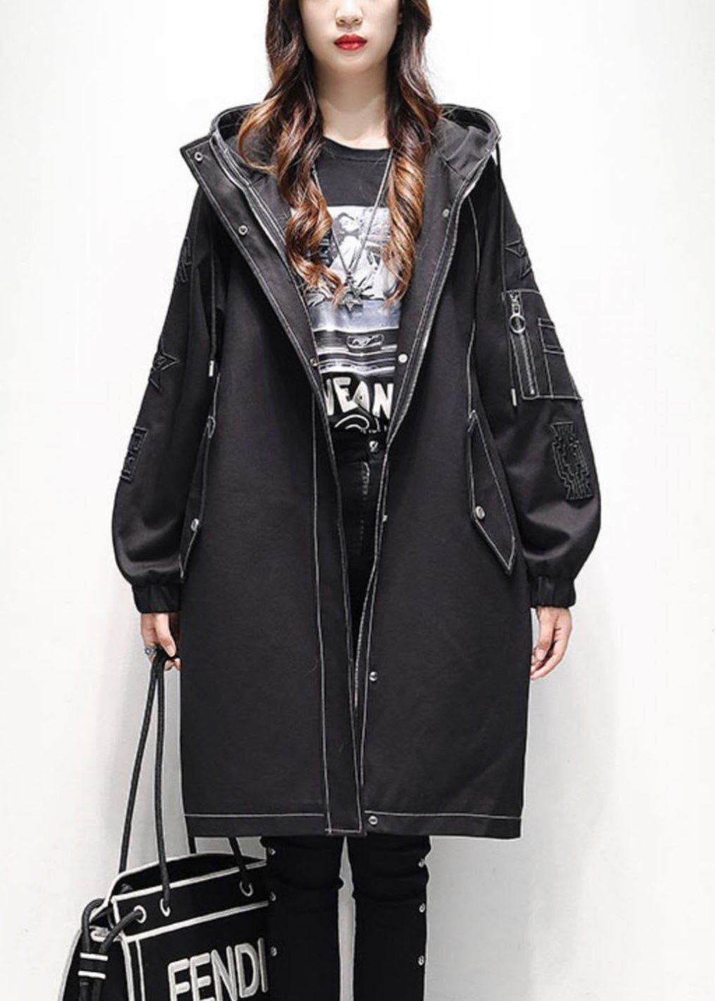 Modern Black Hooded Drawstring Fine Cotton Filled Trench Coats Winter