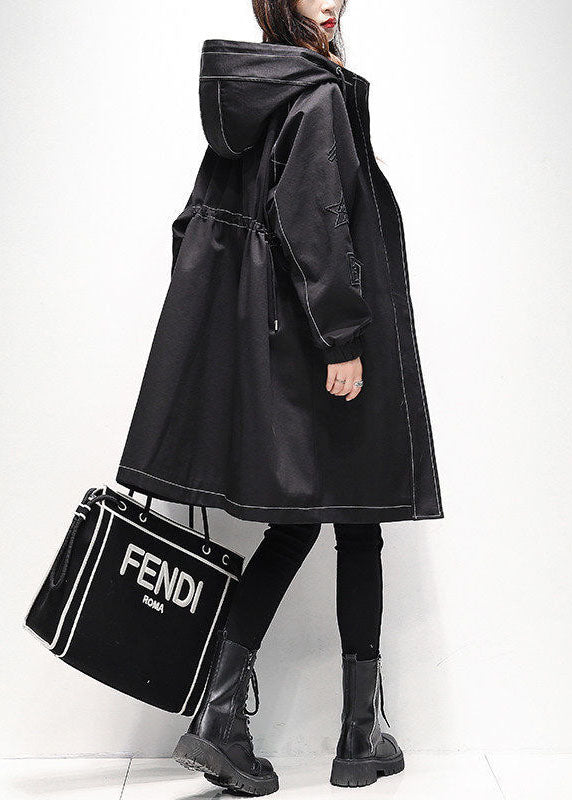 Modern Black Hooded Drawstring Fine Cotton Filled Trench Coats Winter