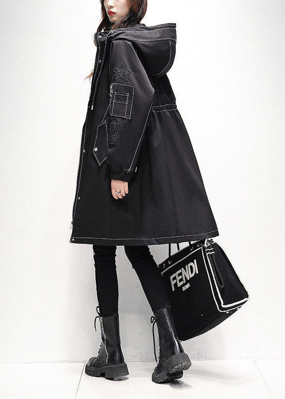 Modern Black Hooded Drawstring Fine Cotton Filled Trench Coats Winter