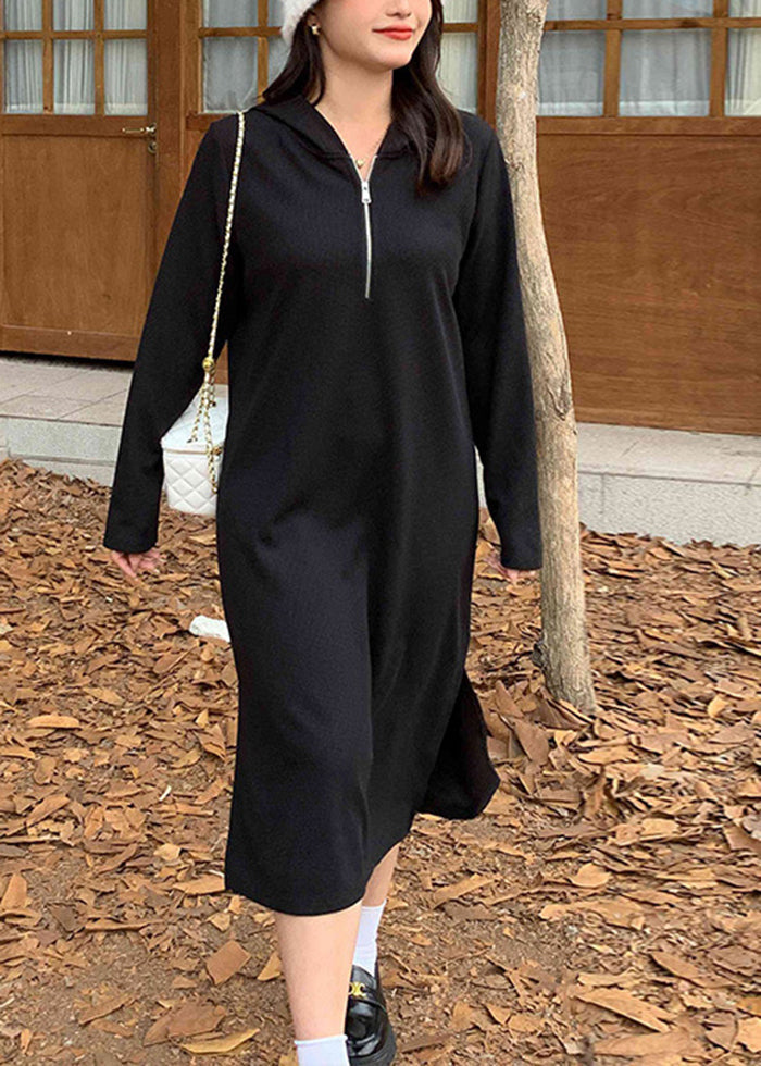 Modern Black Hooded Side Open Spandex Maxi Dress Fall