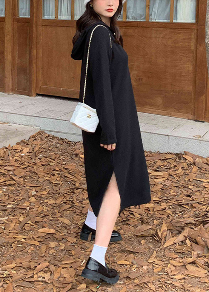 Modern Black Hooded Side Open Spandex Maxi Dress Fall