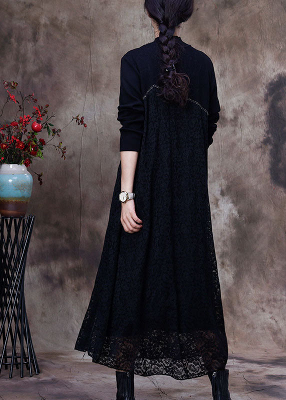 Modern Black Lace Patchwork Knit Long Dress Spring