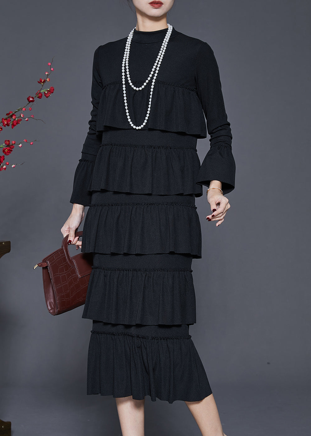 Modern Black Layered Ruffles Silm Fit Cotton Dress Spring