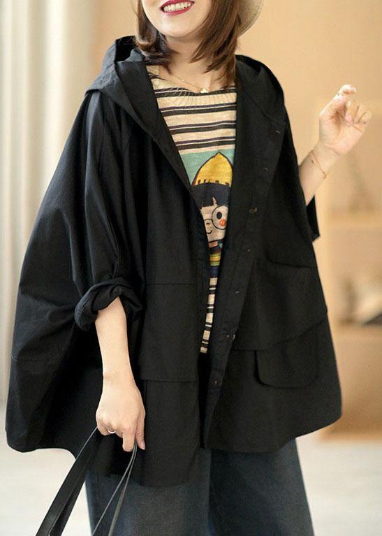 Modern Black Loose Button Pockets Fall Hoodie Coat - Omychic