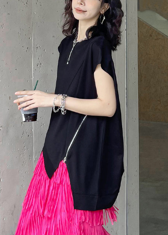 Modern Black O-Neck Asymmetrical Patchwork Cotton T Shirt Summer