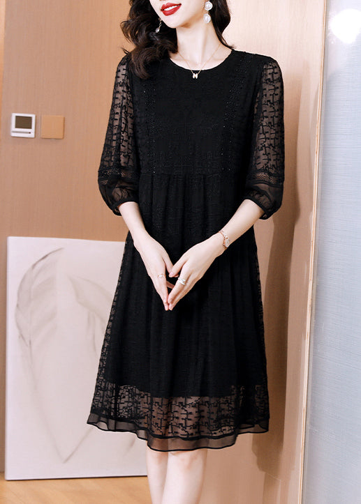 Modern Black O Neck Embroideried Patchwork Silk Mid Dress Fall