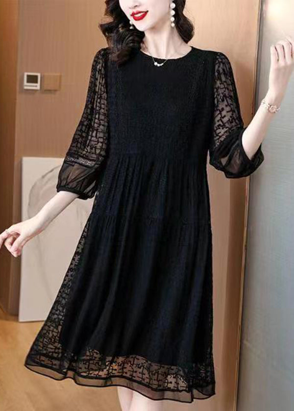 Modern Black O Neck Embroideried Patchwork Silk Mid Dress Fall