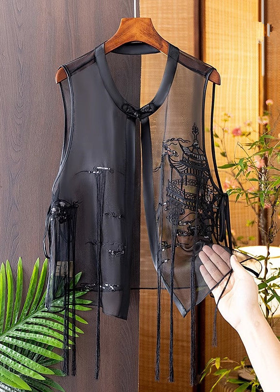 Modern Black O-Neck Embroideried Silk Waistcoat Summer