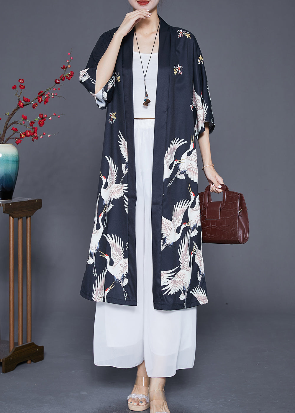 Modern Black Oversized Crane Print Linen Long Cardigans Half Sleeve - Omychic
