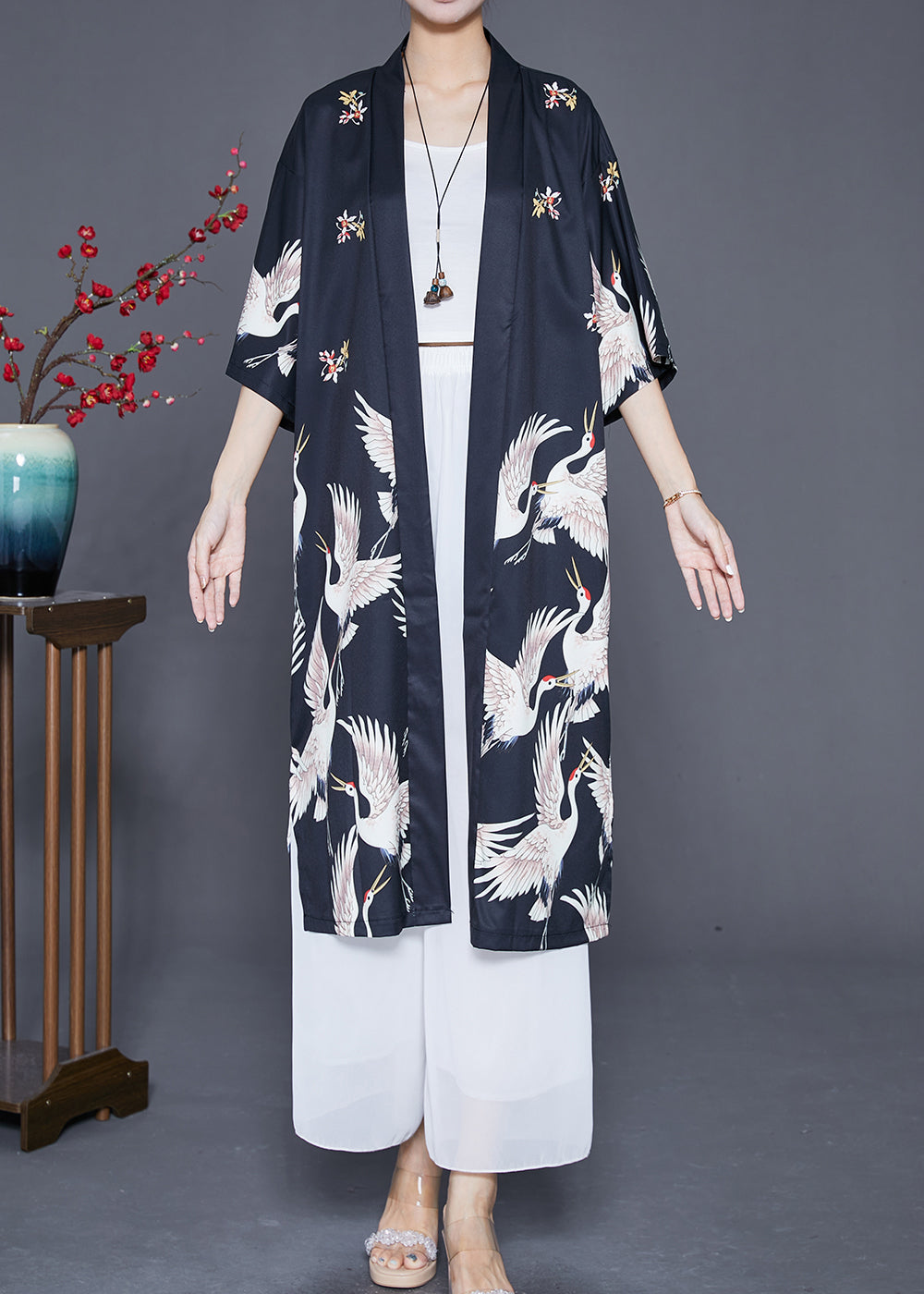 Modern Black Oversized Crane Print Linen Long Cardigans Half Sleeve - Omychic