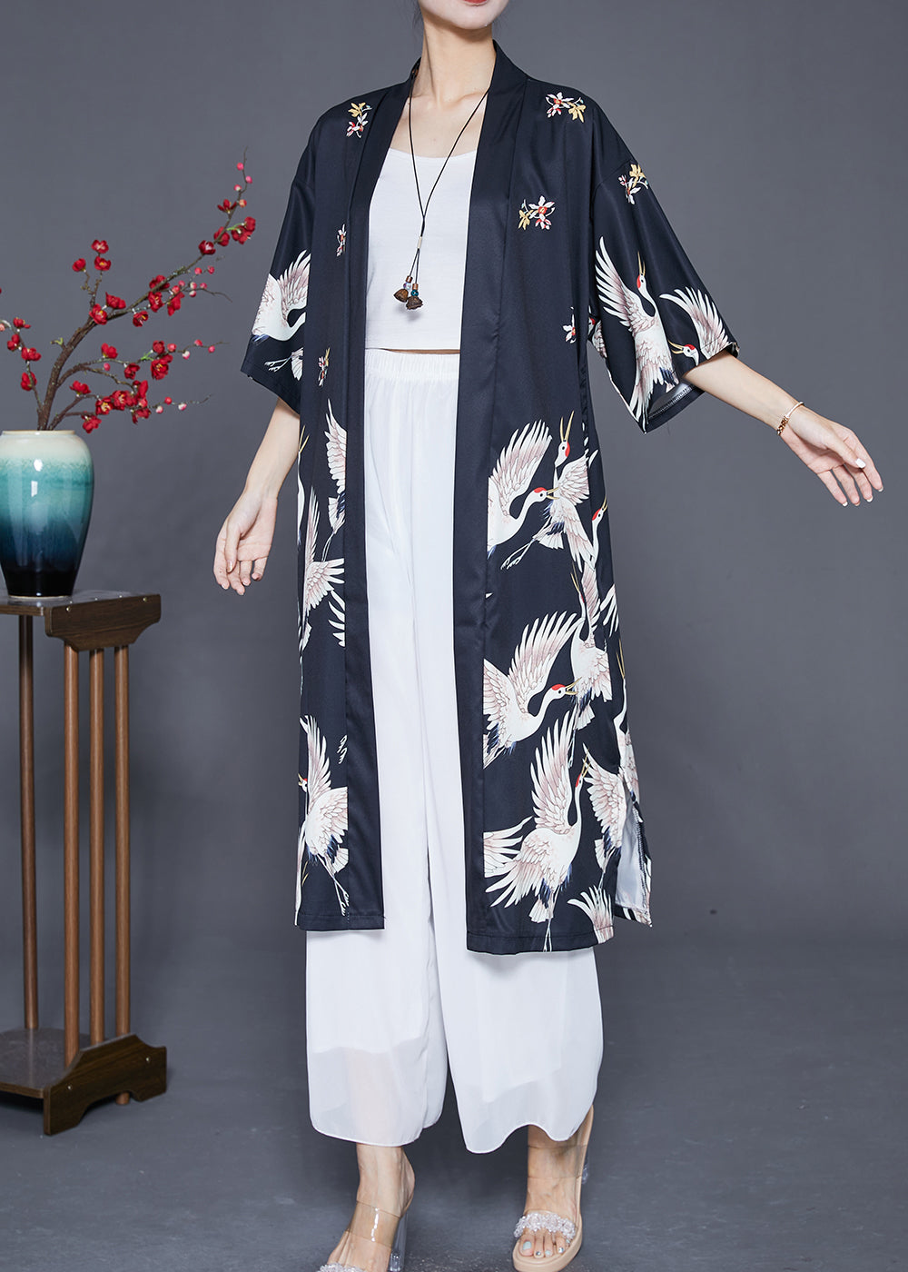 Modern Black Oversized Crane Print Linen Long Cardigans Half Sleeve - Omychic