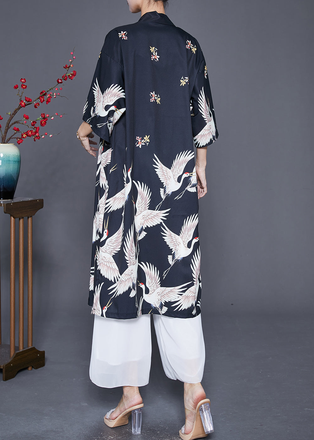 Modern Black Oversized Crane Print Linen Long Cardigans Half Sleeve - Omychic