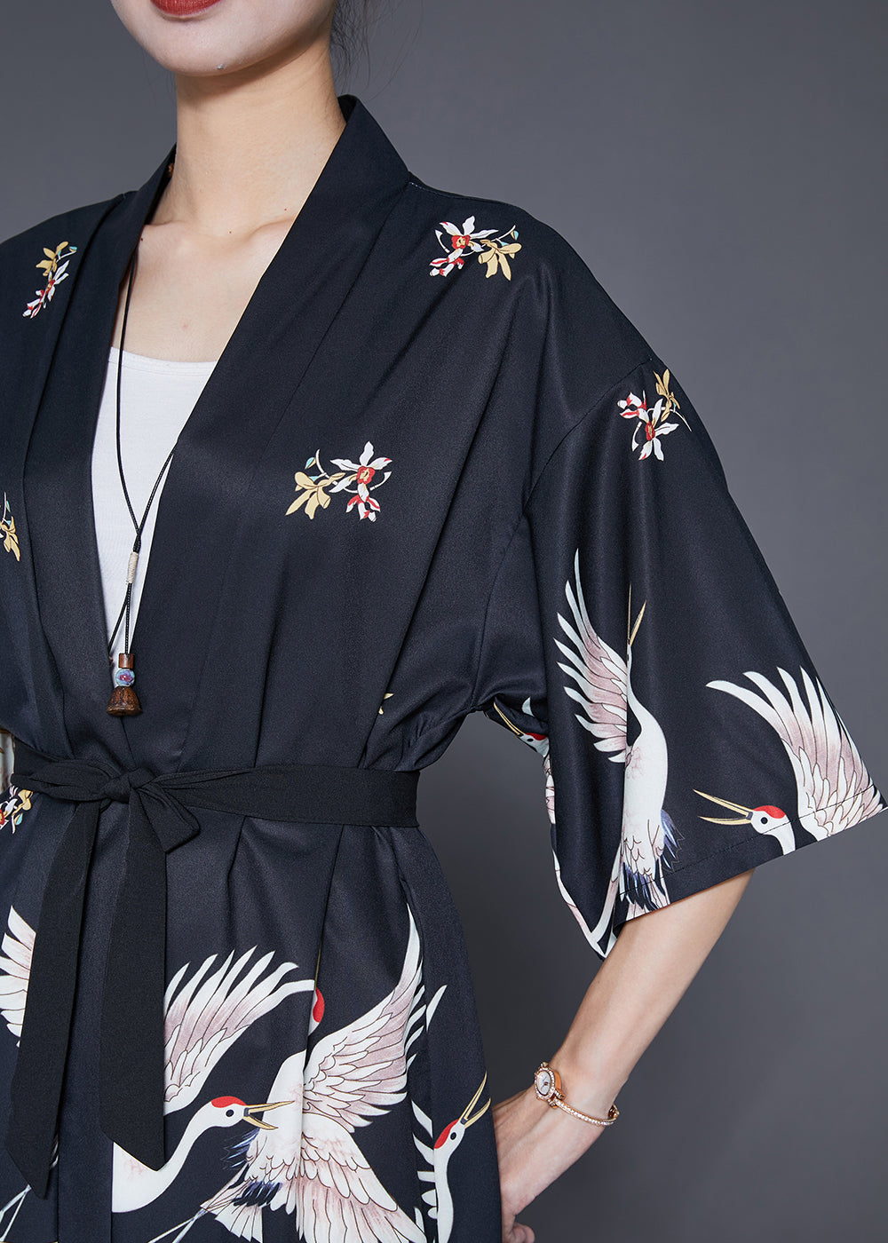 Modern Black Oversized Crane Print Linen Long Cardigans Half Sleeve - Omychic