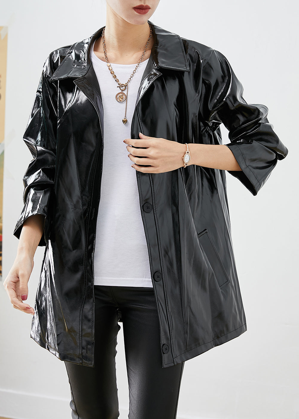 Modern Black Oversized Letter Print Faux Leather Coats Fall