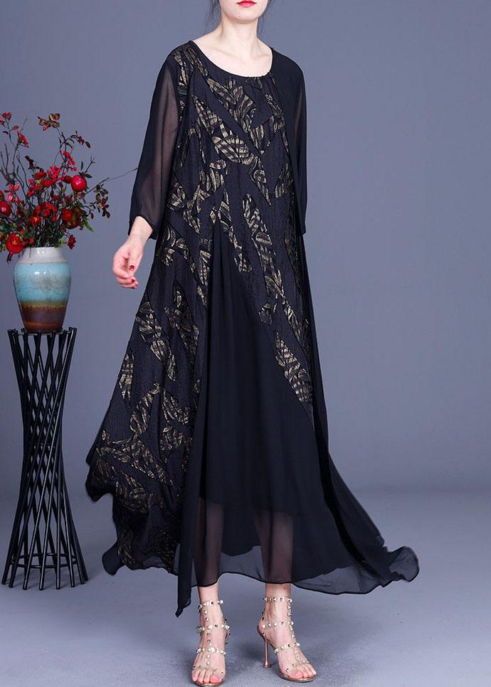 Modern Black Patchwork Asymmetrical Summer Silk Long Dress - Omychic
