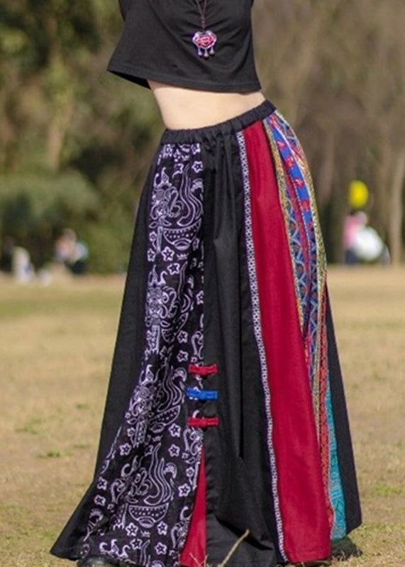 Modern Black Patchwork Elastic Waist Button Maxi Skirt