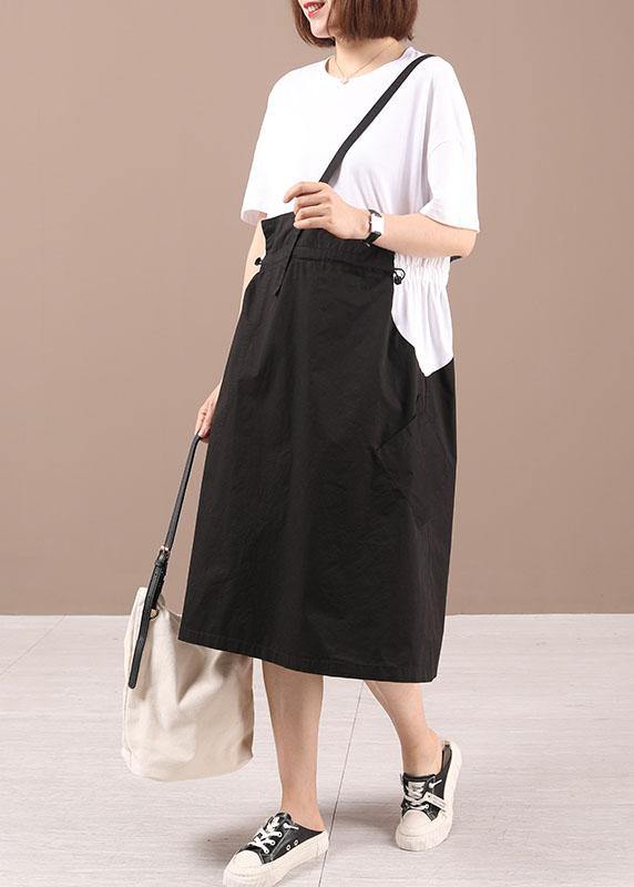 Modern Black Patchwork Summer Cotton Holiday Dress Short Sleeve - Omychic