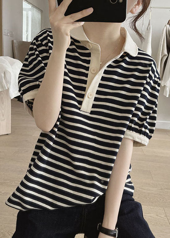 Modern Black Peter Pan Collar Striped Knit T Shirt Summer
