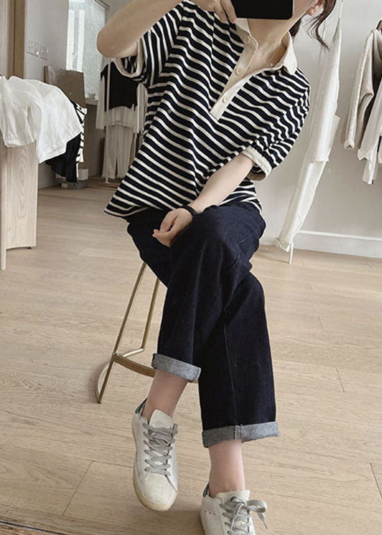 Modern Black Peter Pan Collar Striped Knit T Shirt Summer