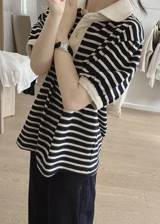 Modern Black Peter Pan Collar Striped Knit T Shirt Summer
