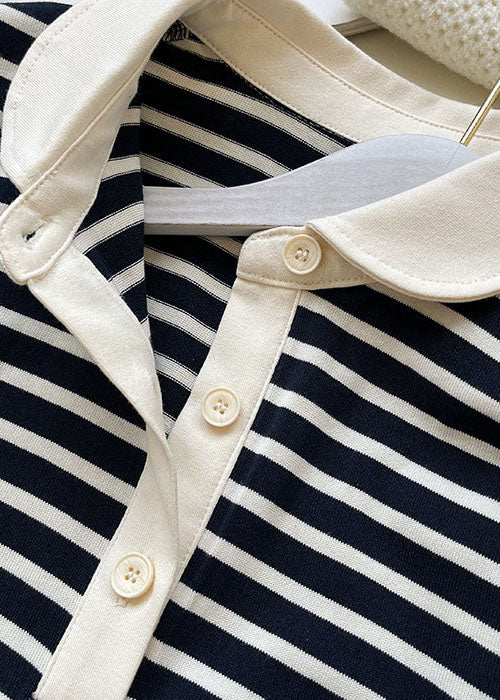 Modern Black Peter Pan Collar Striped Knit T Shirt Summer