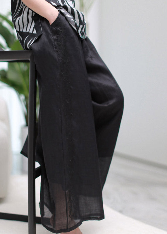 Modern Black Pockets Embroideried Floral Elastic Waist Linen Wide Leg Pants Summer