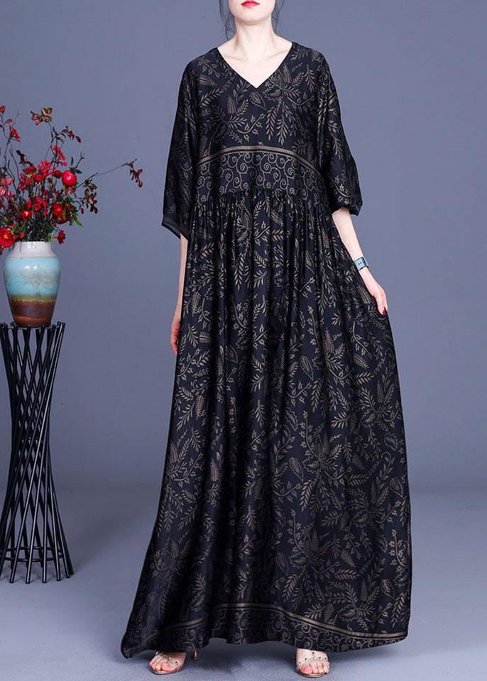 Modern Black Print Silk V Neck Dresses Summer - Omychic