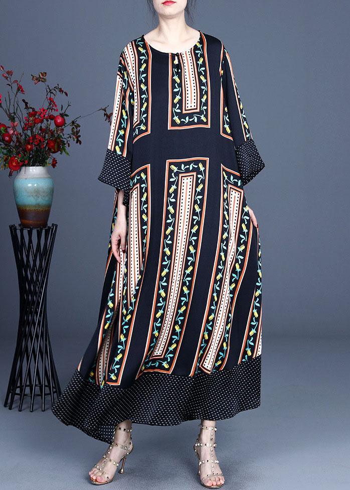 Modern Black Print Summer Silk Long Dresses Long sleeve - Omychic