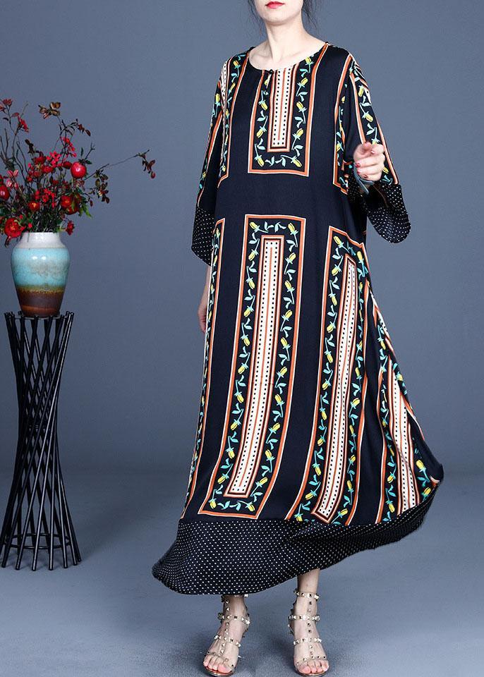 Modern Black Print Summer Silk Long Dresses Long sleeve - Omychic