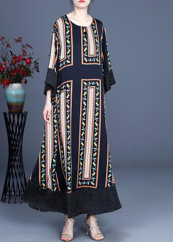 Modern Black Print Summer Silk Long Dresses Long sleeve - Omychic