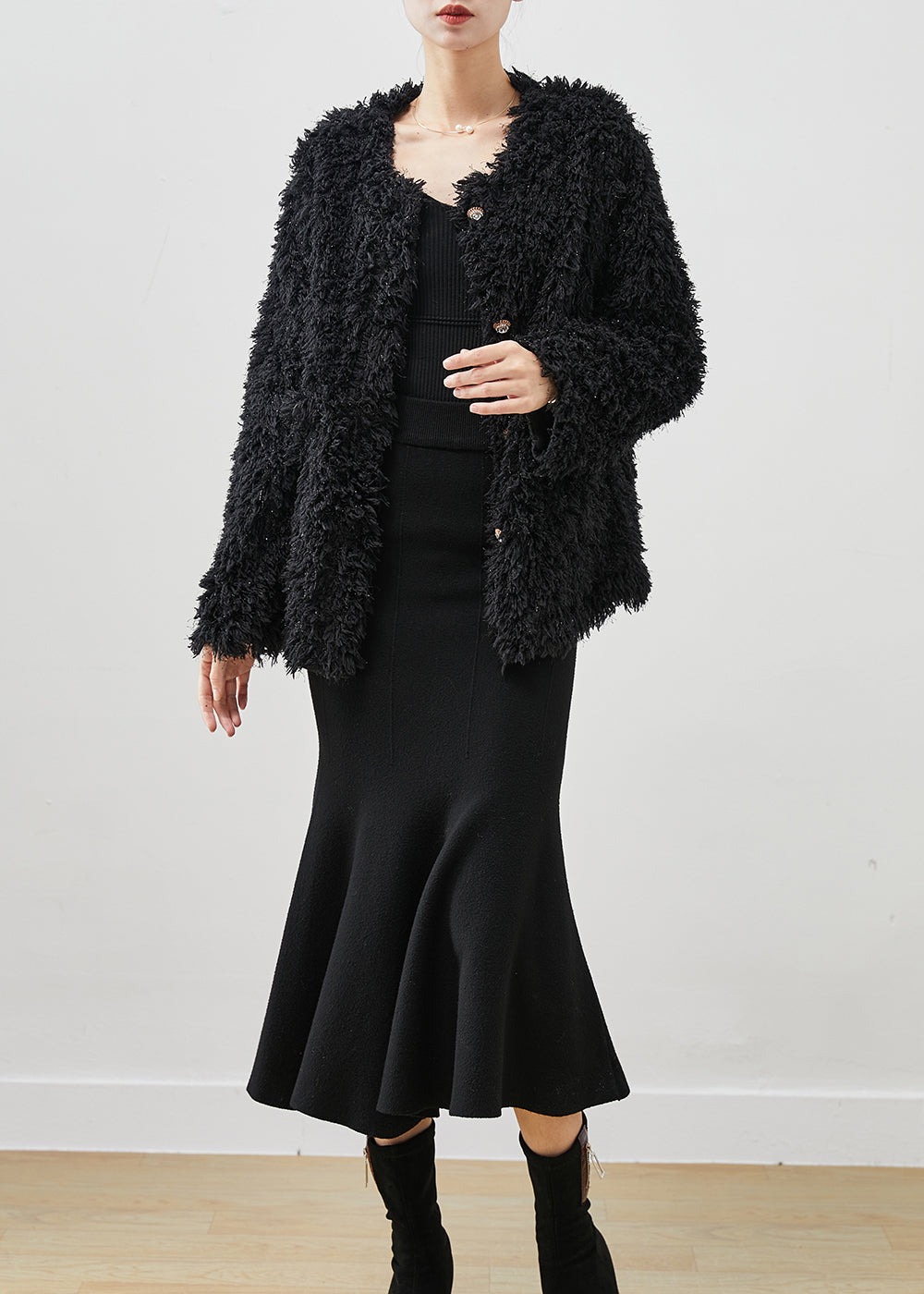 Modern Black Sequins Faux Fur Coats And Dress Two-Piece Set Winter