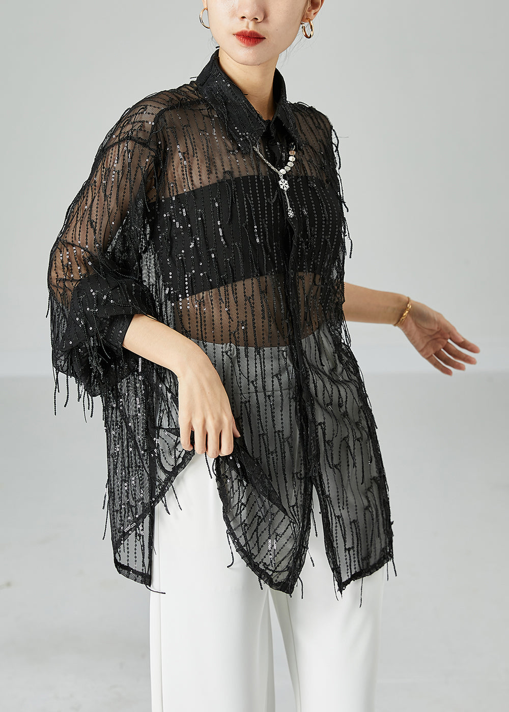 Modern Black Sequins Tassel Hollow Out Tulle Shirt Top Summer