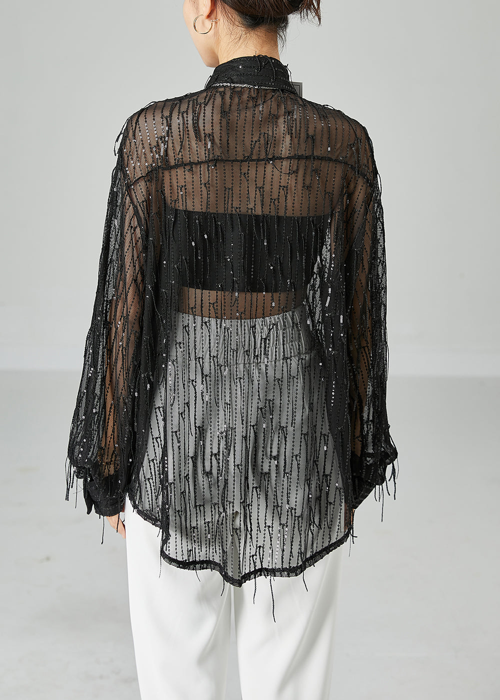 Modern Black Sequins Tassel Hollow Out Tulle Shirt Top Summer