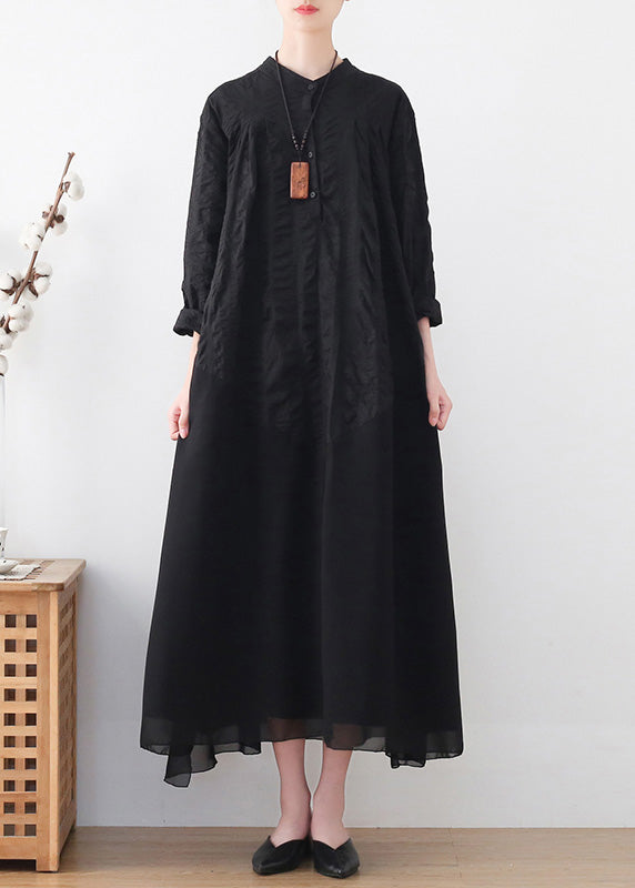 Modern Black Stand Collar Wrinkled Patchwork Shirt Dresses Long Sleeve