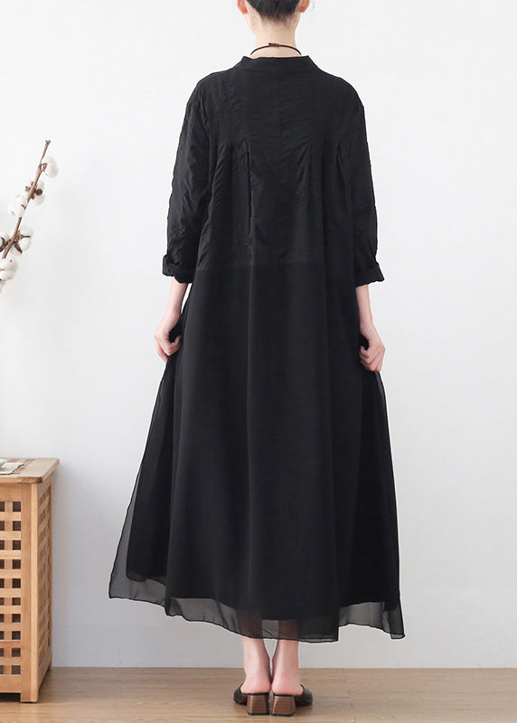 Modern Black Stand Collar Wrinkled Patchwork Shirt Dresses Long Sleeve