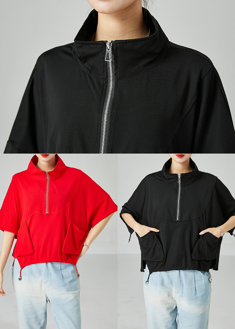 Modern Black Stand Collar Zip Up Cotton Tank Summer