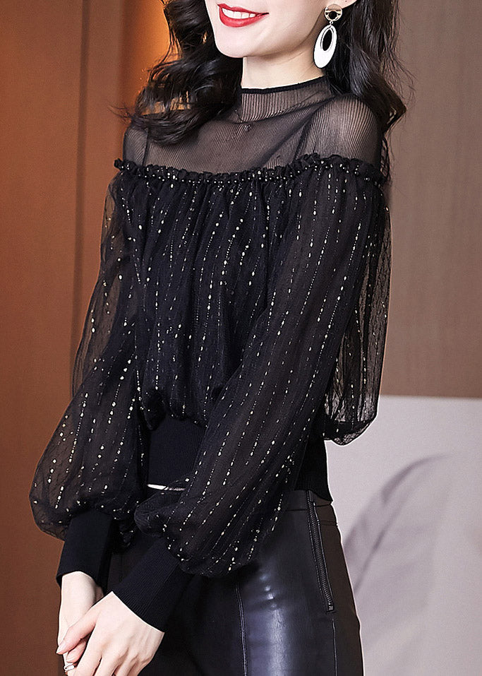 Modern Black Turtleneck Patchwork Ruffles Tulle Top Lantern Sleeve
