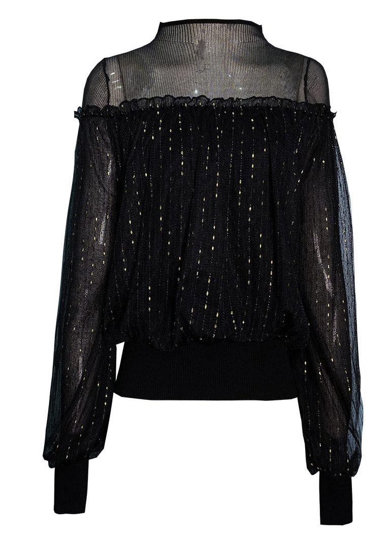 Modern Black Turtleneck Patchwork Ruffles Tulle Top Lantern Sleeve