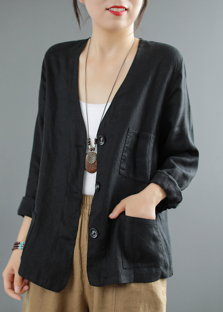 Modern Black V Neck Button Pockets Linen Shirts Long Sleeve
